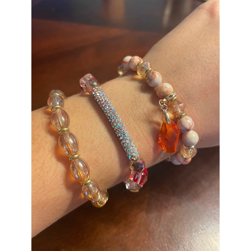 Erimish Women 3 Piece Stretch Bracelet Stack Amber Stone Rhinestone Orange Charm